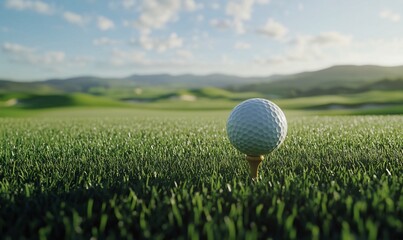 A white golf ball rests on a tee against a backdrop of a scenic golf course with rolling hills, green grass, and a blue sky.