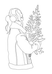 Female in winter coat with fur trim, wearing earmuffs and holding a small, decorated Christmas tree adorned with christmas balls outline illustration. Design for winter holidays