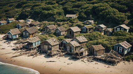 Obraz premium Damaged wooden beach huts along a sandy coastline, with collapsed structures and debris scattered on the shore 