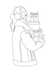 Female in winter coat, earmuffs carrying a stack of red gift boxes wrapped with bows continuous line illustrion. Design for winter holidays