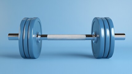 Naklejka premium Strength in Serenity: Blue Background Barbell Mockup for Cool Fitness Branding