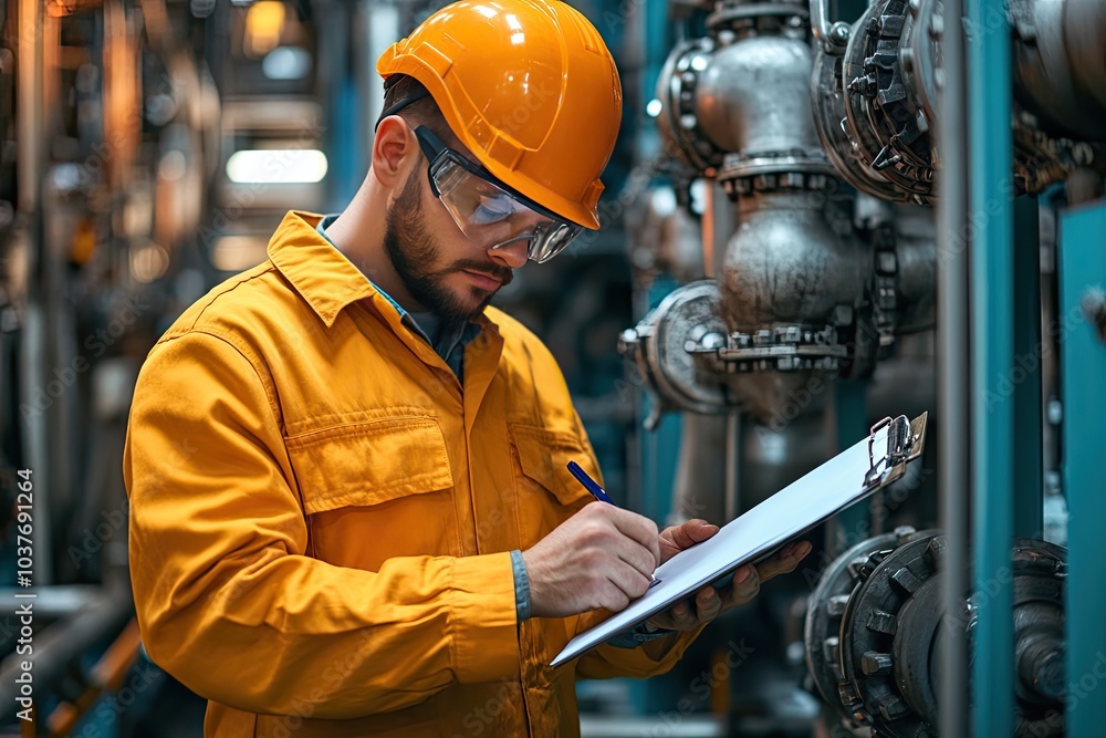 Poster worker in a factory checks equipment. he's writing down observations on a clipboard.