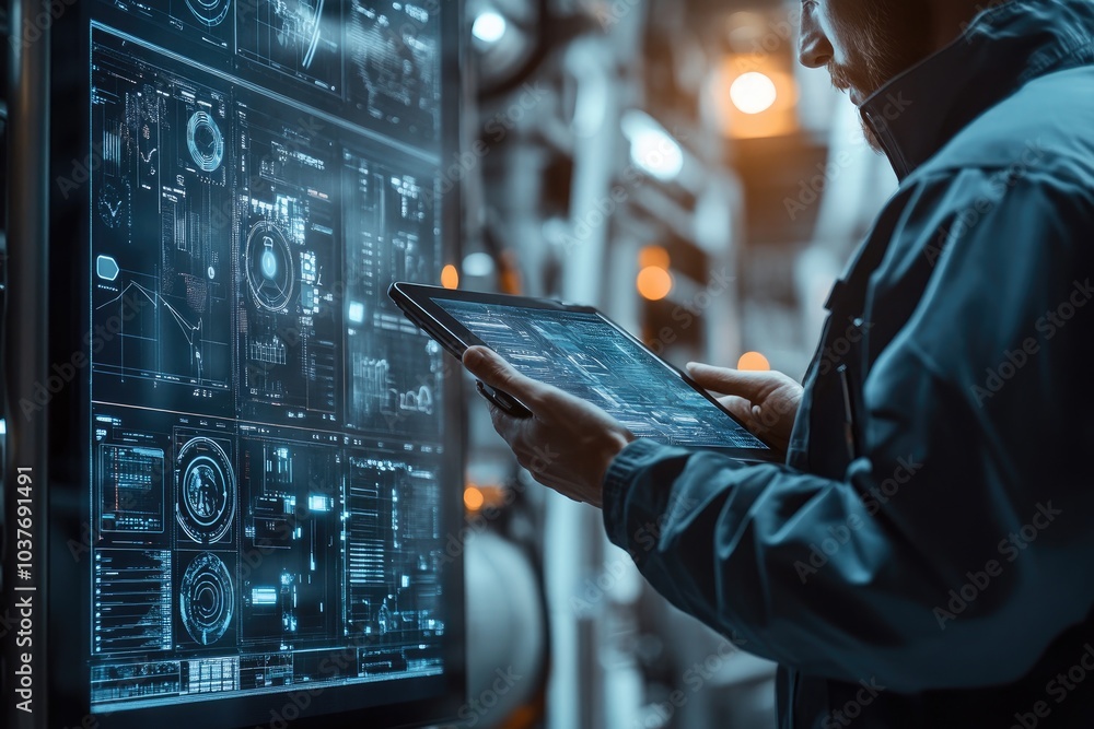 Poster a man using a tablet in a factory. the tablet displays data and charts related to industrial operati