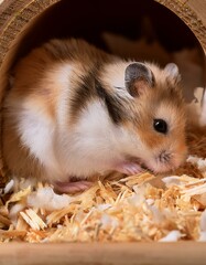自分の小さな家の中で、ティッシュや木のくずをせっせと運んで巣作りをしているハムスター。小さな前足で材料を丁寧に運び、巣の中を整える様子は、まるで一生懸命自分の居場所を整えているかのよう