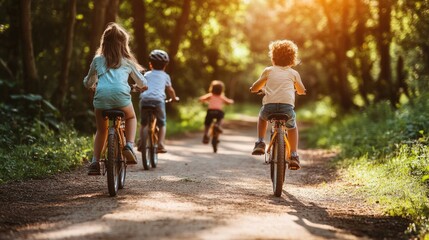 Obraz premium Kids ride bicycles on a path. This photo is perfect for illustrating articles about outdoor activities or family fun.