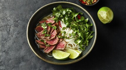 Savor the enticing blend of flavors as traditional pho is artfully presented with tender beef, fresh herbs, and zesty lime in a contemporary setting. Generative AI