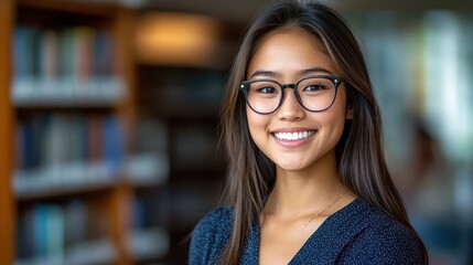 Smiling young Asian woman wearing glasses in a library