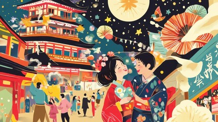 Couple at a lively Japanese festival