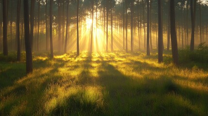 Fototapeta premium real photo of beautiful rays of sunlight in the morning in pine forest,generative ai