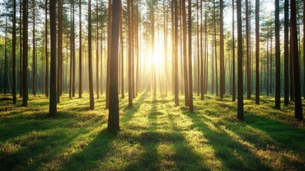 Fototapeta premium real photo of beautiful rays of sunlight in the morning in pine forest,generative ai