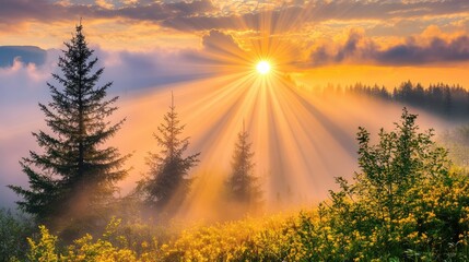 real photo of beautiful rays of sunlight in the morning in pine forest,generative ai