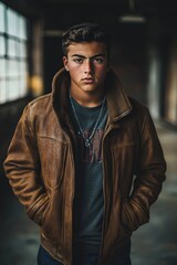 Portrait of a serious young man in a leather jacket, standing with hands in pockets in an industrial setting