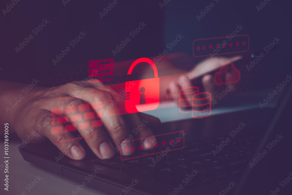 Aufkleber cybersecurity, hacker attack. security breach, system hacked, internet cyber attack alert with red b