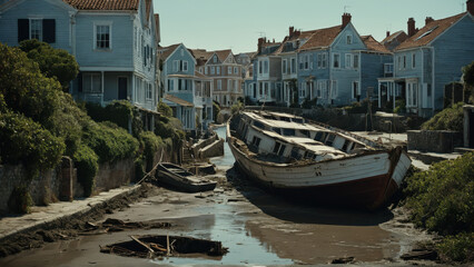 Obraz premium Abandoned boats stranded in a dried-up canal beside damaged coastal houses 