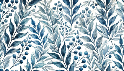 Watercolor-Inspired Blue Foliage and Berry Pattern with Slender Leaves in a Repeating Design on a White Background