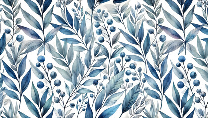 Fototapeta premium Watercolor-Inspired Blue Foliage and Berry Pattern with Slender Leaves in a Repeating Design on a White Background