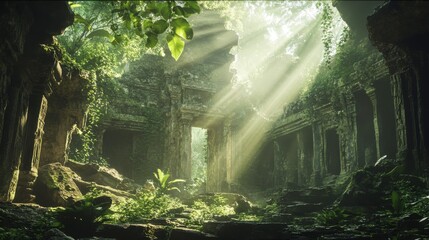 An ancient temple stands hidden in a dense jungle, where sunlight breaks through the canopy, casting ethereal beams on overgrown stones, creating a serene, mysterious ambiance. Generative AI