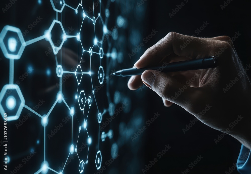 Poster a businessman is drawing a connection structure on a digital screen with a hexagon pattern in the of