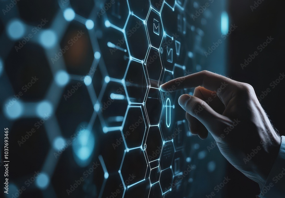 Poster a businessman is drawing a connection structure on a digital screen with a hexagon pattern in the of