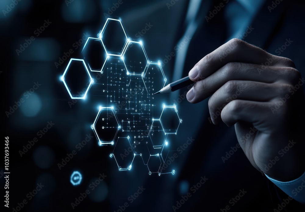 Poster a businessman is drawing a connection structure on a digital screen with a hexagon pattern in the of