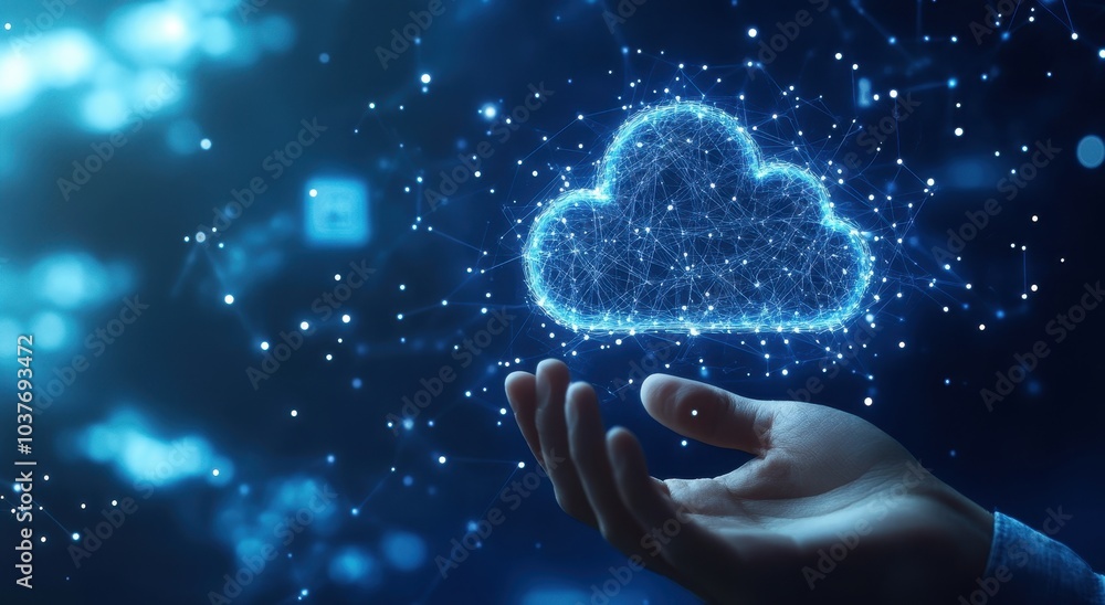 Poster a businessman touching the cloud icon with a digital network connection on a blue background. the bu