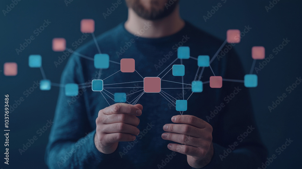 Poster a man interacts with a visual representation of a connected network of nodes, symbolizing technology