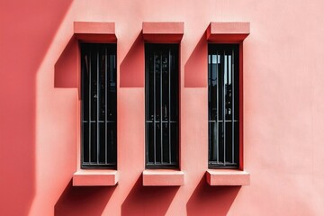 Obraz premium Three Windows with Bars on a Pink Wall