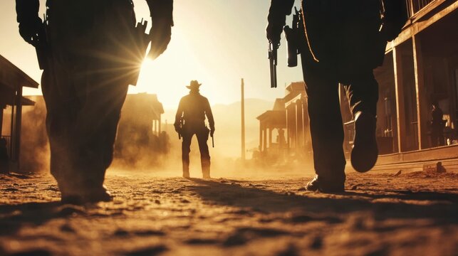 In the heart of a sun-drenched town, two gunslingers prepare for a dramatic showdown. Dust swirls around them as tension fills the air, ready to ignite at any moment. Generative AI