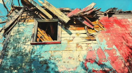 Weathered abandoned house with peeling paint and broken roof reflecting hurricane destruction concept