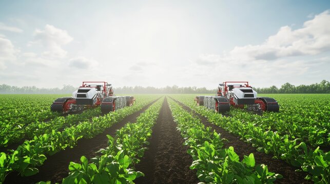 A robotic farming revolution, automated agricultural field with robotic harvesters and planters, Agricultural style
