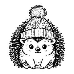 cute hedgehog wearing a knitted hat, winter sketch