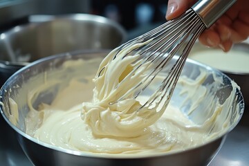 Creamy batter being mixed with whisk. This image shows a close up of batter being stirred in a bowl with a whisk, useful for cooking and baking content.