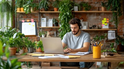 Man working in modern office with laptop and headphones.