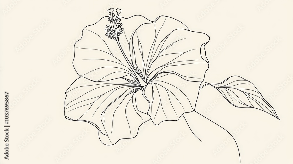 Poster one continuous line drawing of a hibiscus flower simple outline illustration in 2d style customizabl