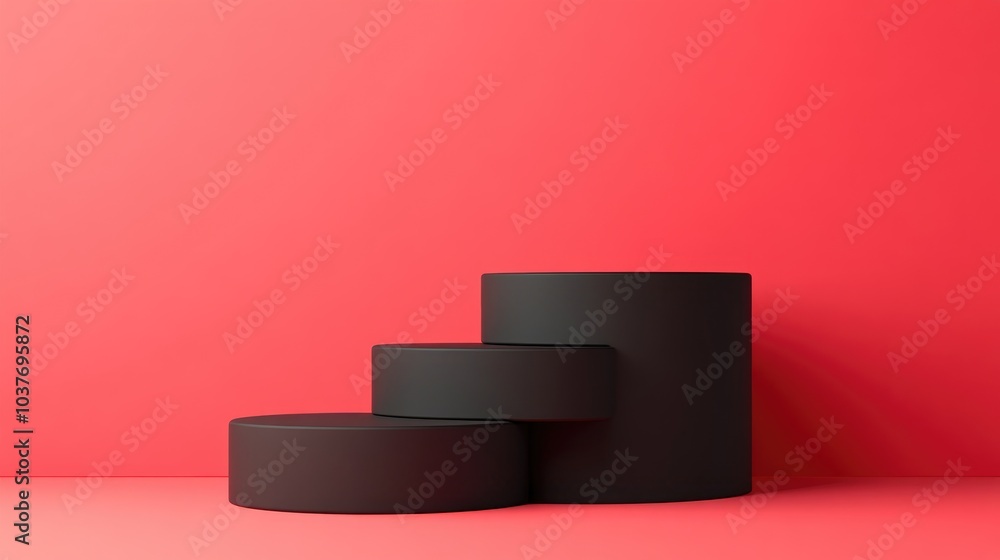 Poster pastel black cylindrical podium with steps set against a red background 3d rendering of an abstract 