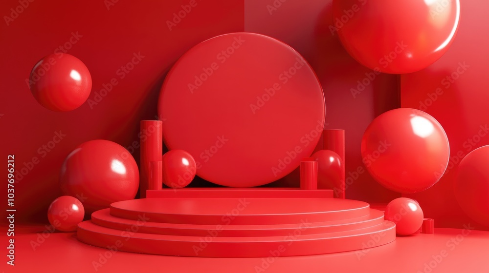 Poster red stage podium decoration designed for product display 3d rendering