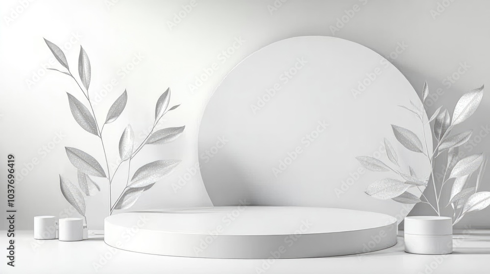 Poster round cosmetic podium with leaves on a white background abstract product display pedestal 3d renderi