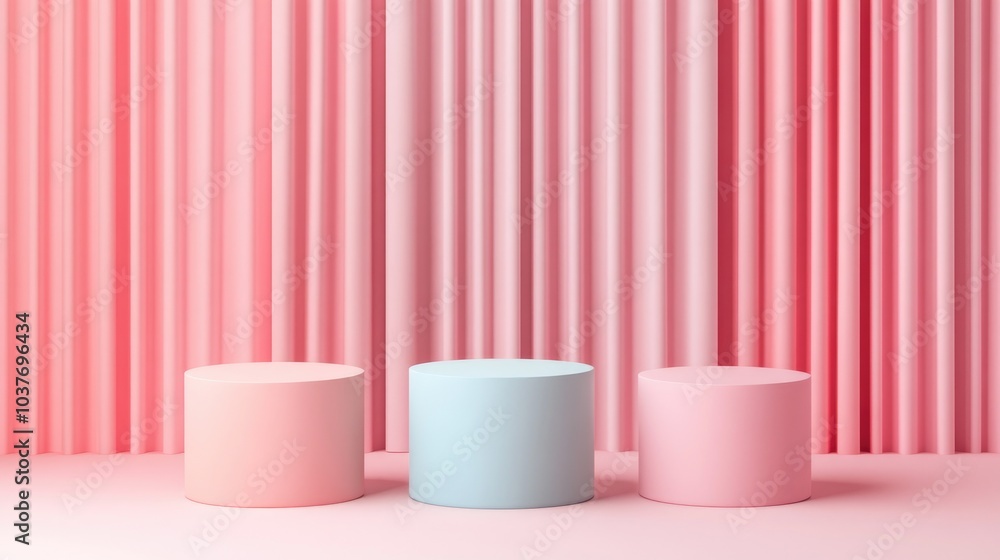Aufkleber 3d render illustration of three pastel colored cylinders and podiums in a geometric arrangement feat
