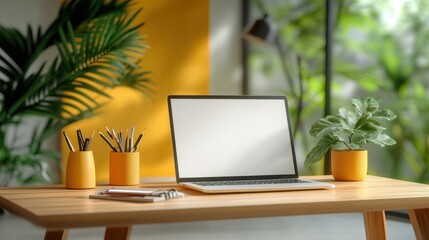 Modern Workspace Setup With Productive Tools and Greenery.