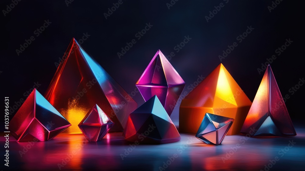 Poster a vivid 3d representation of geometric shapes illuminated within a dark background