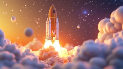 Fototapeta premium Rocket launches into the starry sky in a 3D cartoon rendering The spaceship embarks on its mission as the shuttle takes off