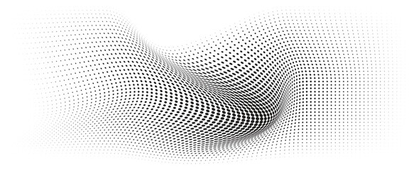 Flowing Wave Dot Halftone Pattern: Curve Gradient Shape on Transparent Background. Suitable for AI, Tech, Network, Digital, Science, and Technology Themes.