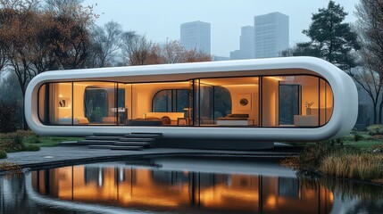 Fototapeta premium Futuristic Waterfront Building with LED-Lit Roof