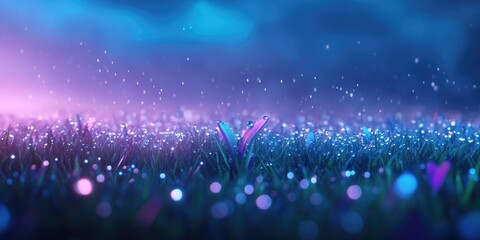 Dew drops glisten on lush green grass, enhanced by a blue filter creating a serene nature scene, Dew drops shine on vibrant grass under a calming blue filter