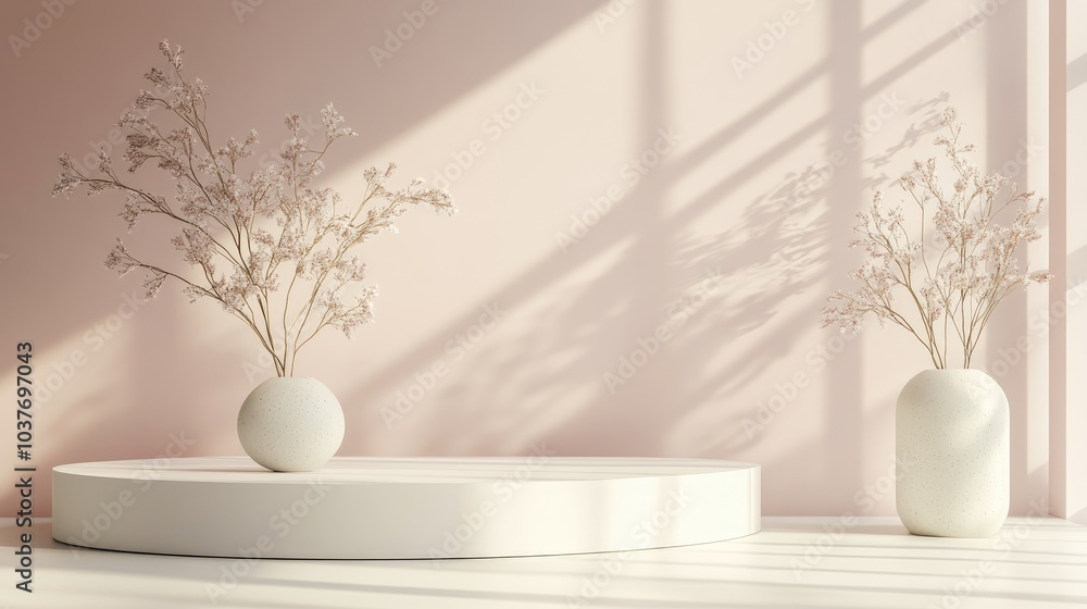 Poster product showcase on a white podium against an abstract minimalist backdrop featuring an elegant podi