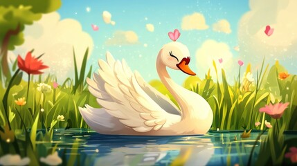 Obraz premium Adorable 2D cartoon illustration of a charming swan
