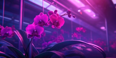 Cultivation of vibrant tropical flowering plants from the orchid family in a greenhouse for trade and global distribution, showcasing their blossoms