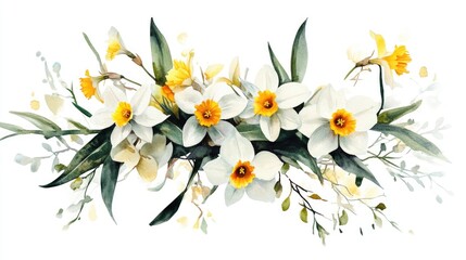 Watercolor bouquet featuring white and yellow narcissus flowers along with branches and leaves set against a white background Summer wildflower composition floral designs and meadow blooms