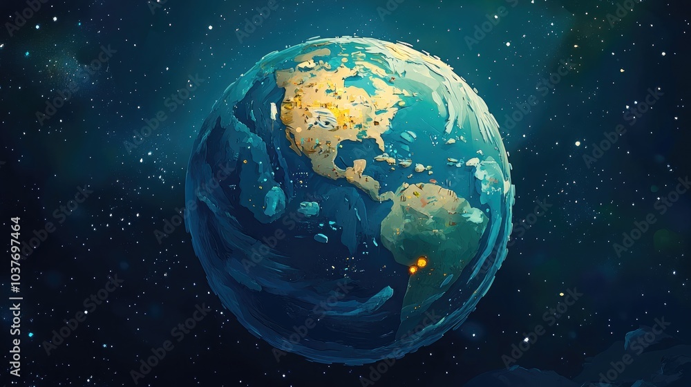 Poster planet earth in dark outer space featuring a 3d cartoon rendering of civilization in a wide horizont