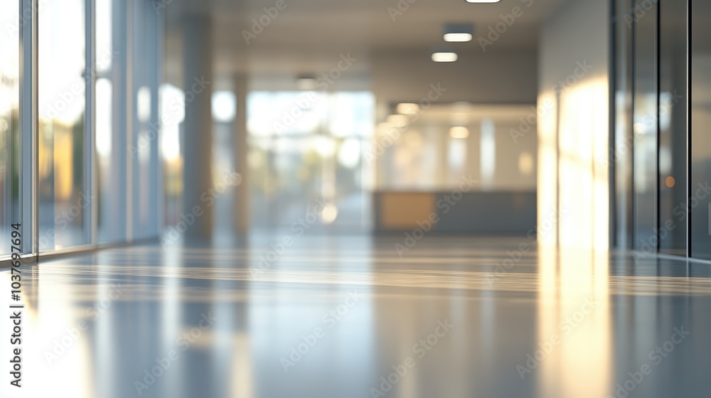 Poster 3d rendering of a blurred empty open space office with abstract light bokeh in the interior backgrou